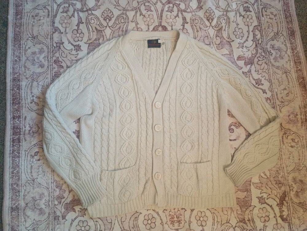 Vintage Mens Cable Knit Grandpa Cardigan XL Ivory Old Money Grunge Cabin Retro